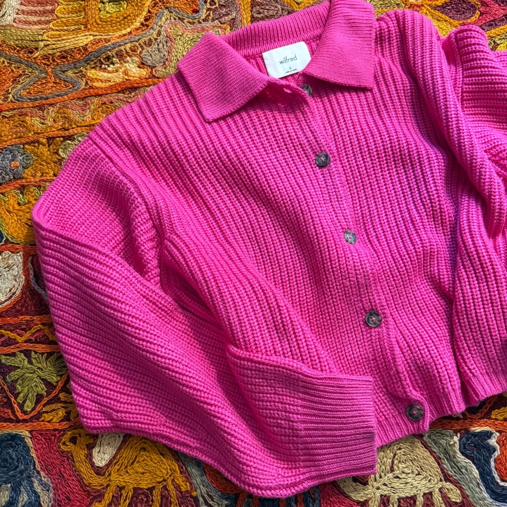 Aritzia Wilfred Next Door Vital Pink Ribbed Wool Cropped Cardigan Sweater - Picture 8 of 11